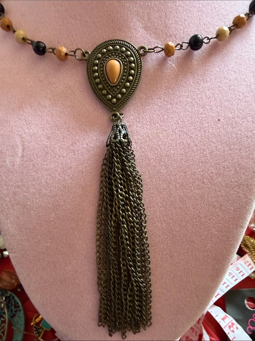 Boho Tassel Pendant Necklace in Amber and Black, 32”, 5” Tassel Drop, (J0118)